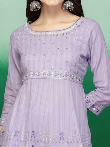 Women Lavender Color Embroidery A-line Kurta Sharara With Dupatta Set