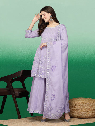 Women Lavender Color Embroidery A-line Kurta Sharara With Dupatta Set