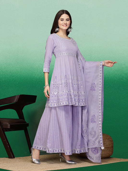 Women Lavender Color Embroidery A-line Kurta Sharara With Dupatta Set