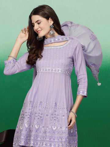 Women Lavender Color Embroidery A-line Kurta Sharara With Dupatta Set