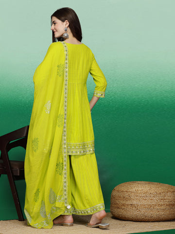 Women Lime Green Color Embroidery A-line Kurta Sharara With Dupatta Set