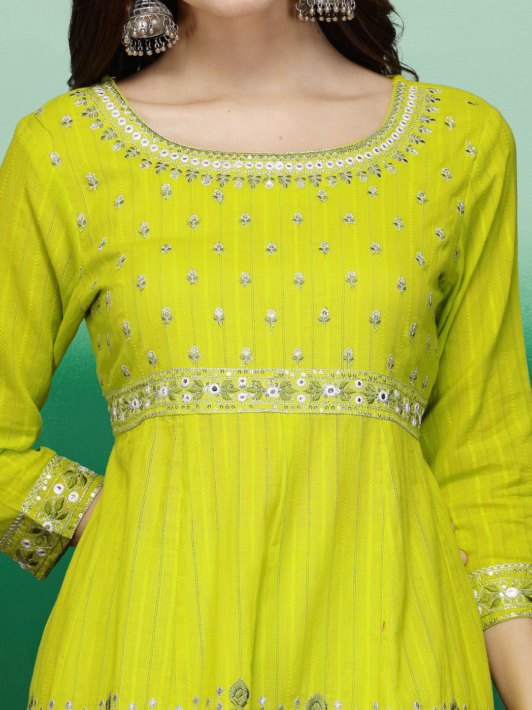 Lime Green Embroidered A-Line Cotton Kurta