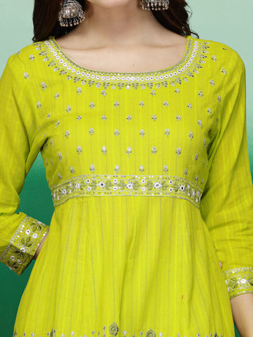 Women Lime Green Color Embroidery A-line Kurta Sharara With Dupatta Set