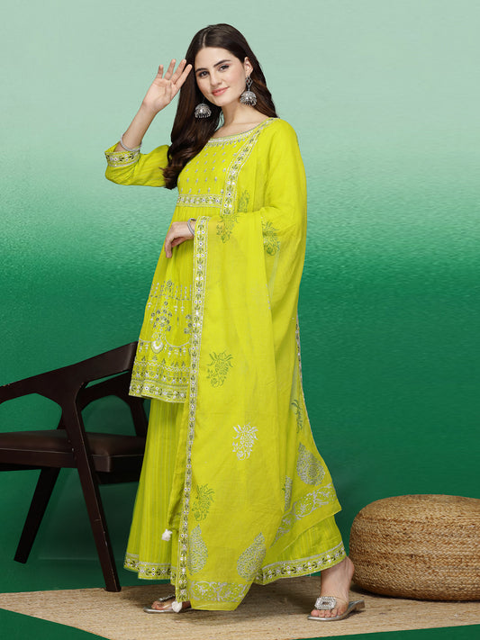 Women Lime Green Color Embroidery A-line Kurta Sharara With Dupatta Set