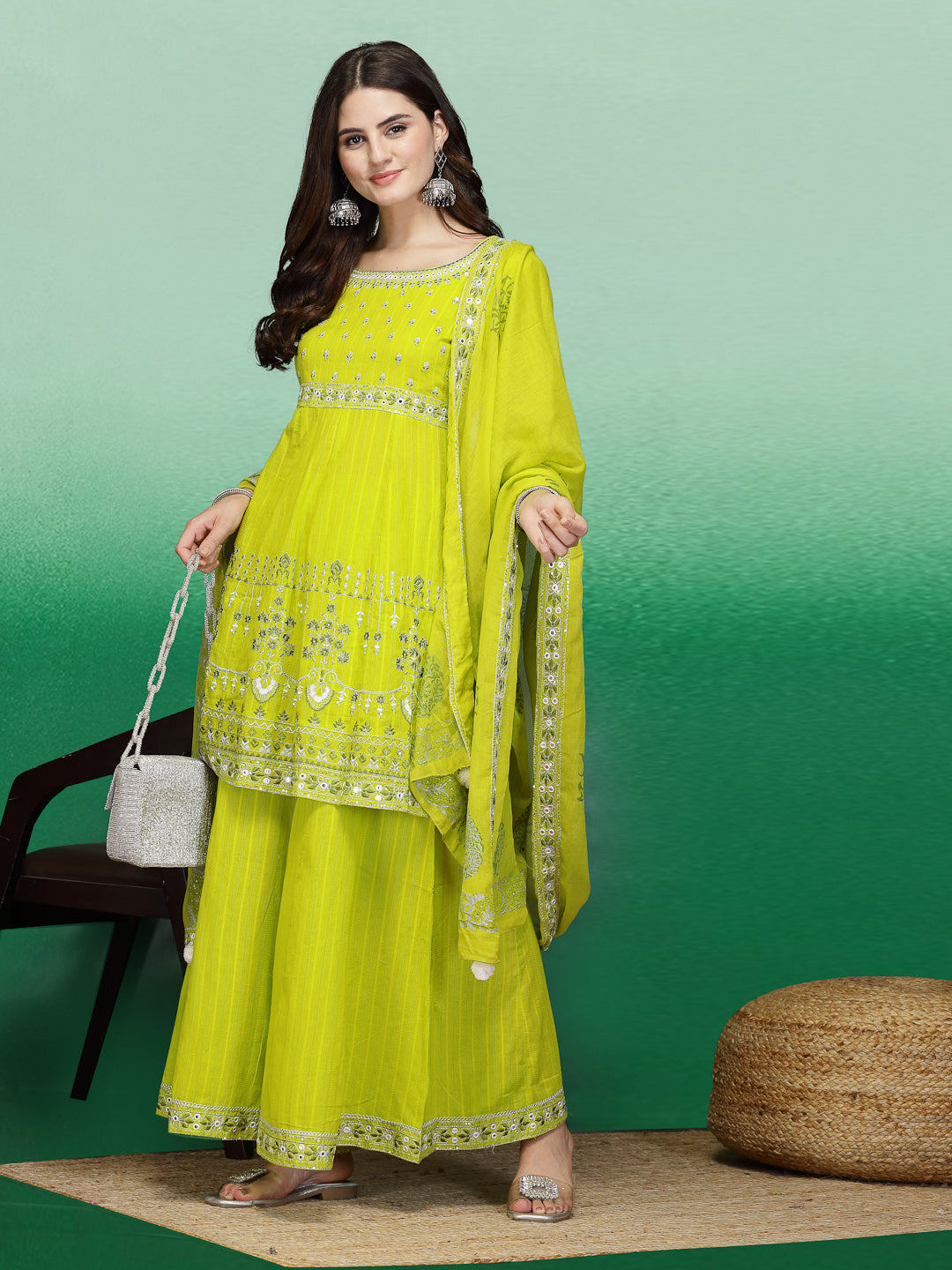 Women Lime Green Color Embroidery A-line Kurta Sharara With Dupatta Set