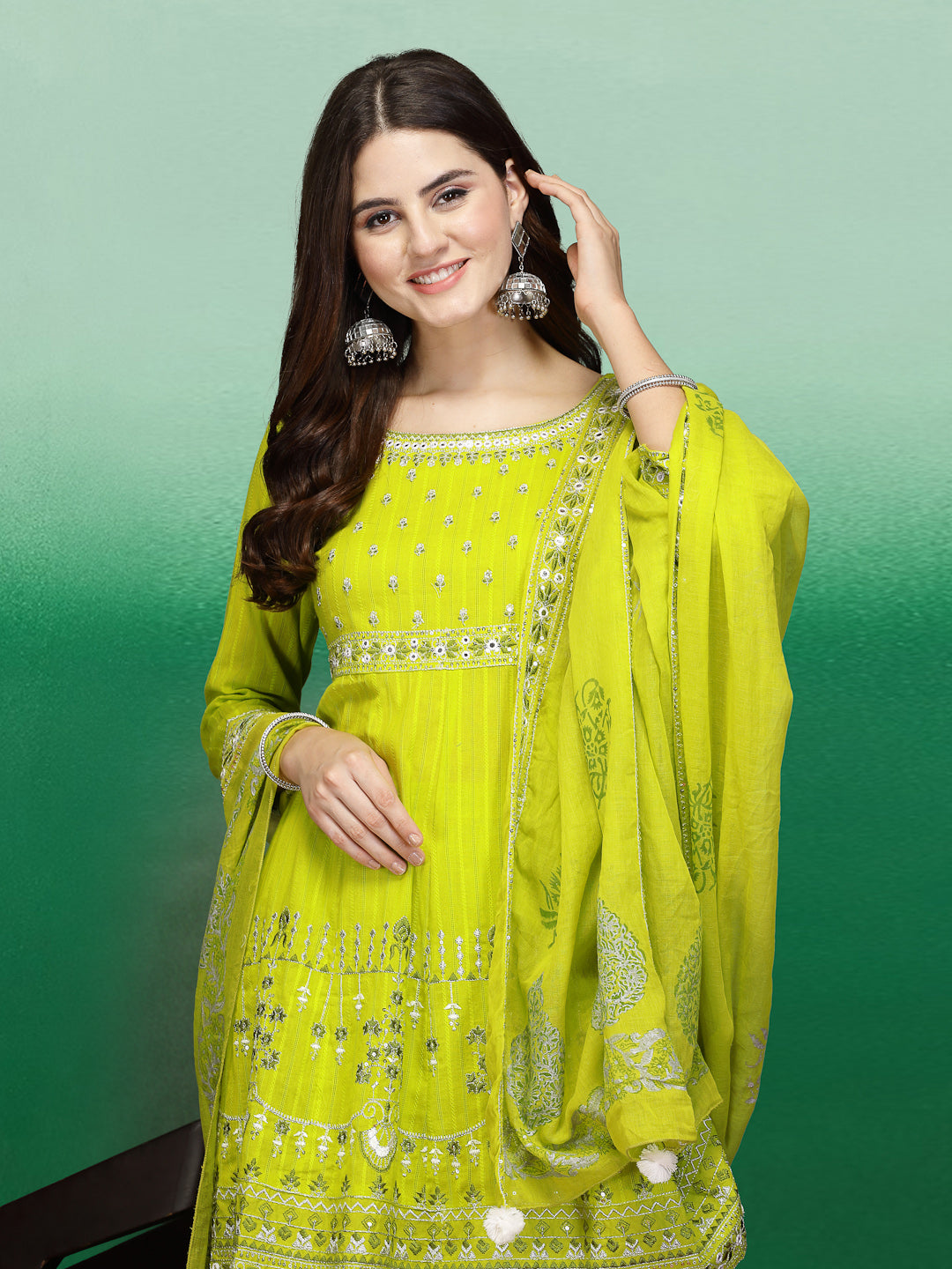 Lime Green Embroidered A-Line Cotton Kurta