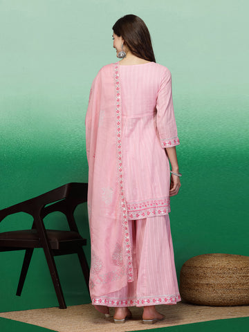 Women Pink Color Embroidery A-line Kurta Sharara With Dupatta Set