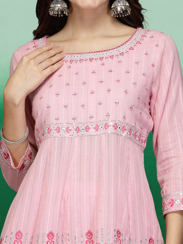 Women Pink Color Embroidery A-line Kurta Sharara With Dupatta Set