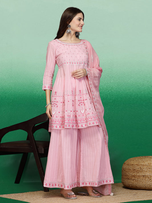 Women Pink Color Embroidery A-line Kurta Sharara With Dupatta Set