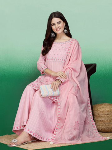 Women Pink Color Embroidery A-line Kurta Sharara With Dupatta Set