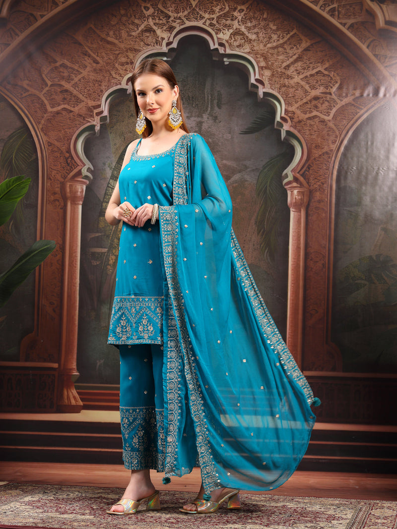 Women Ethnic Motifs Embroidered Regular Sequinned Kurta with Palazzos & With Dupatta