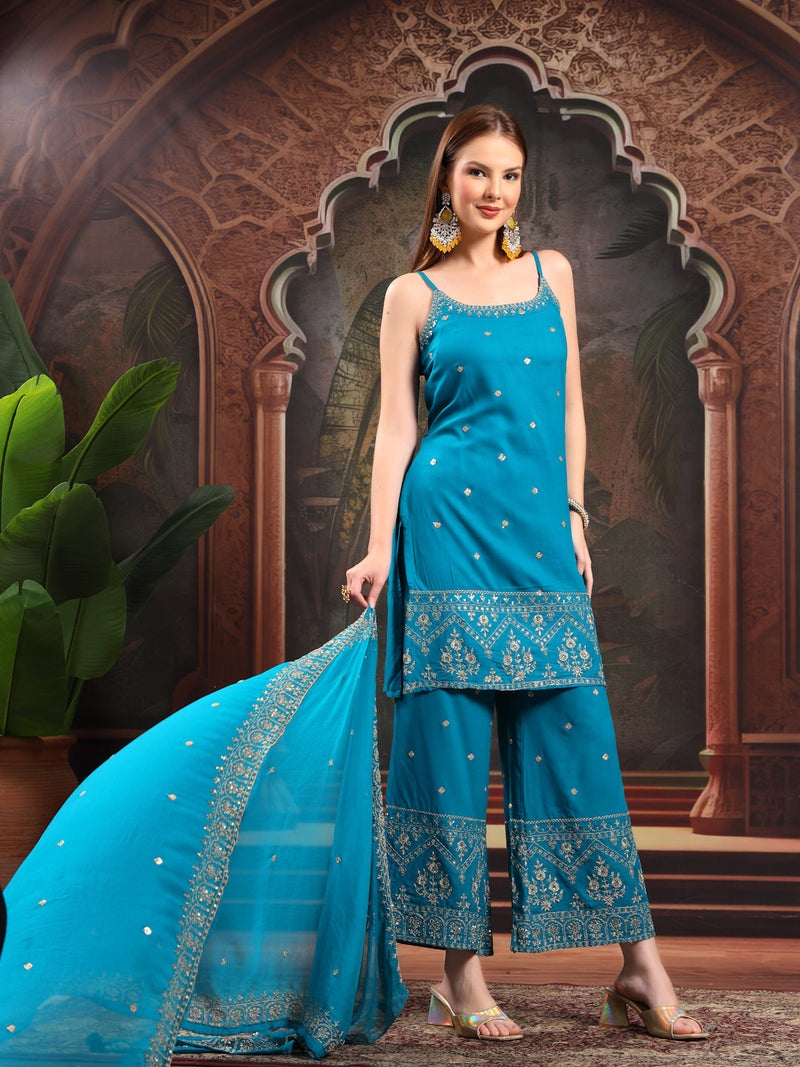 Women Ethnic Motifs Embroidered Regular Sequinned Kurta with Palazzos & With Dupatta