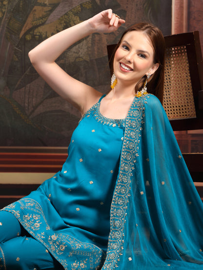 Women Ethnic Motifs Embroidered Regular Sequinned Kurta with Palazzos & With Dupatta