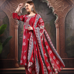 Women Floral Printed Regular Thread Work Kurta with Palazzos & With Dupatta