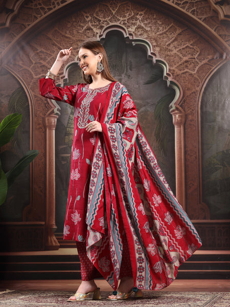 Women Floral Printed Regular Thread Work Kurta with Palazzos & With Dupatta