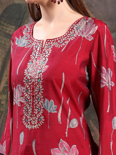 Women Floral Printed Regular Thread Work Kurta with Palazzos & With Dupatta