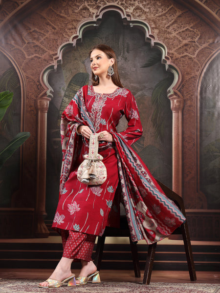 Women Floral Printed Regular Thread Work Kurta with Palazzos & With Dupatta