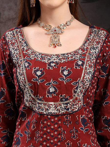 Women Floral Printed Empire Pure Cotton Kurta with Trousers & With Dupatta