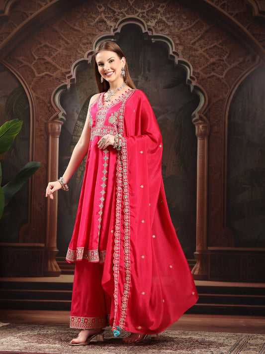 Women Ethnic Motifs Embroidered Panelled Thread Work Kurta with Palazzos & With Dupatta