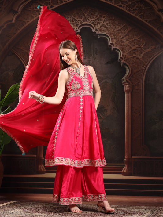 Women Ethnic Motifs Embroidered Panelled Thread Work Kurta with Palazzos & With Dupatta