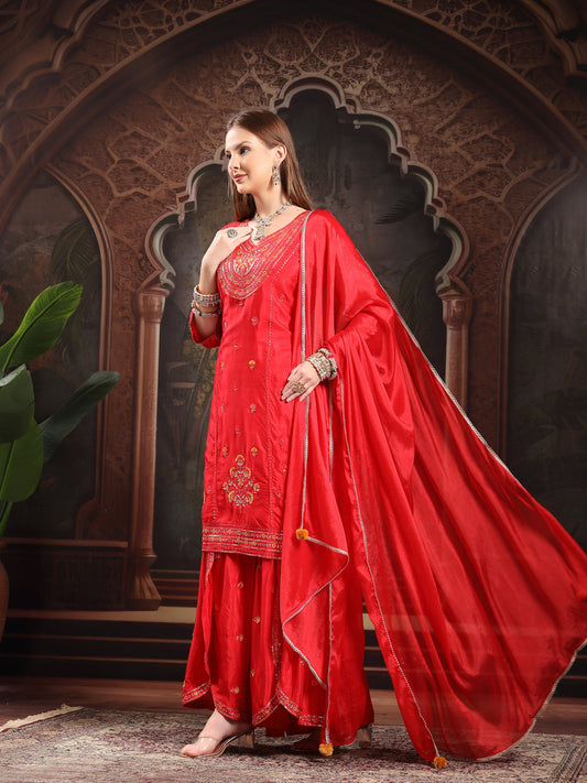Women Ethnic Motifs Embroidered Regular Sequinned Kurta with Sharara & With Dupatta