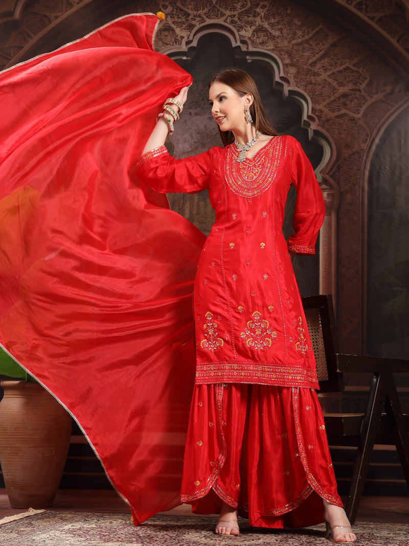 Women Ethnic Motifs Embroidered Regular Sequinned Kurta with Sharara & With Dupatta