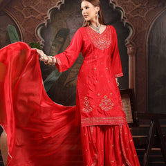 Women Ethnic Motifs Embroidered Regular Sequinned Kurta with Sharara & With Dupatta