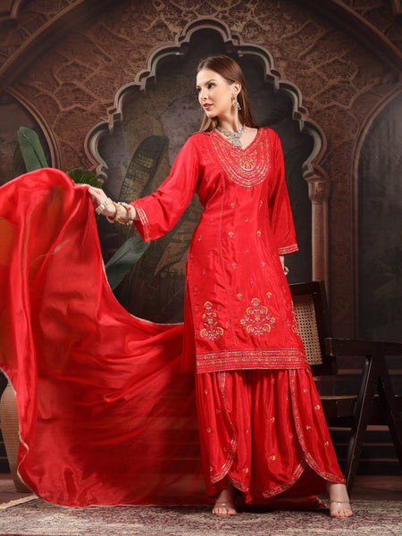 Women Ethnic Motifs Embroidered Regular Sequinned Kurta with Sharara & With Dupatta