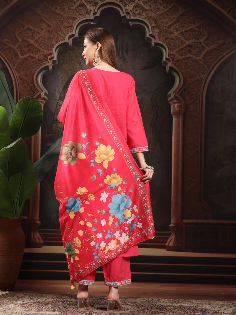 Women Floral Embroidered Regular Thread Work Pure Cotton Kurta with Trousers & With Dupatta