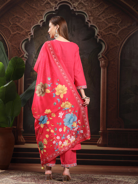 Women Floral Embroidered Regular Thread Work Pure Cotton Kurta with Trousers & With Dupatta