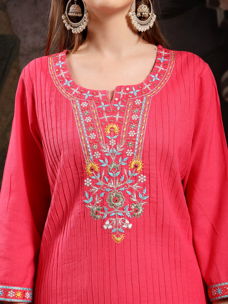 Women Floral Embroidered Regular Thread Work Pure Cotton Kurta with Trousers & With Dupatta