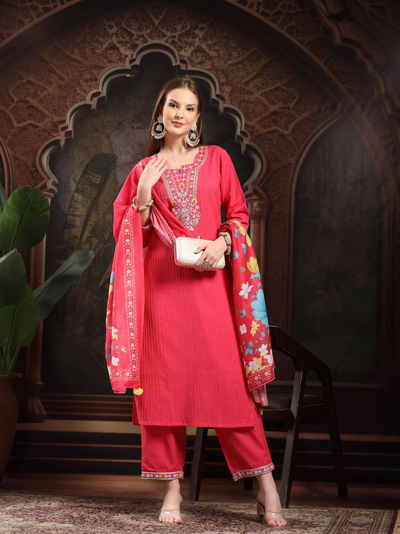Women Floral Embroidered Regular Thread Work Pure Cotton Kurta with Trousers & With Dupatta