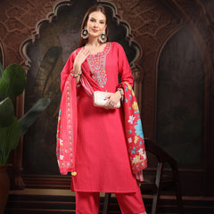 Women Floral Embroidered Regular Thread Work Pure Cotton Kurta with Trousers & With Dupatta
