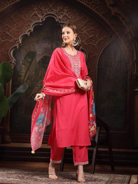 Women Floral Embroidered Regular Thread Work Pure Cotton Kurta with Trousers & With Dupatta