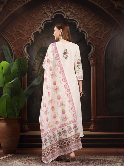 Women Floral Printed Regular Thread Work Pure Cotton Kurta with Trousers & With Dupatta