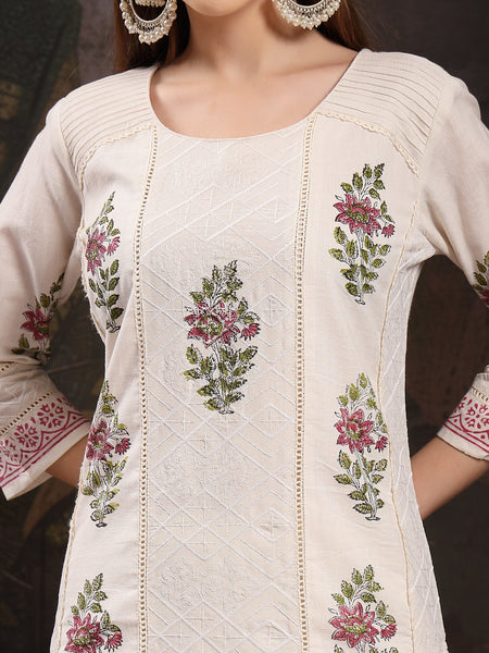 Women Floral Printed Regular Thread Work Pure Cotton Kurta with Trousers & With Dupatta