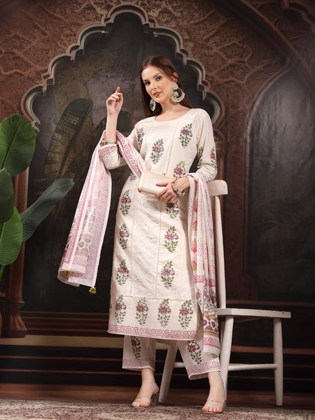 Women Floral Printed Regular Thread Work Pure Cotton Kurta with Trousers & With Dupatta