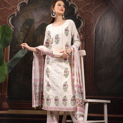 Women Floral Printed Regular Thread Work Pure Cotton Kurta with Trousers & With Dupatta