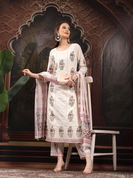 Women Floral Printed Regular Thread Work Pure Cotton Kurta with Trousers & With Dupatta