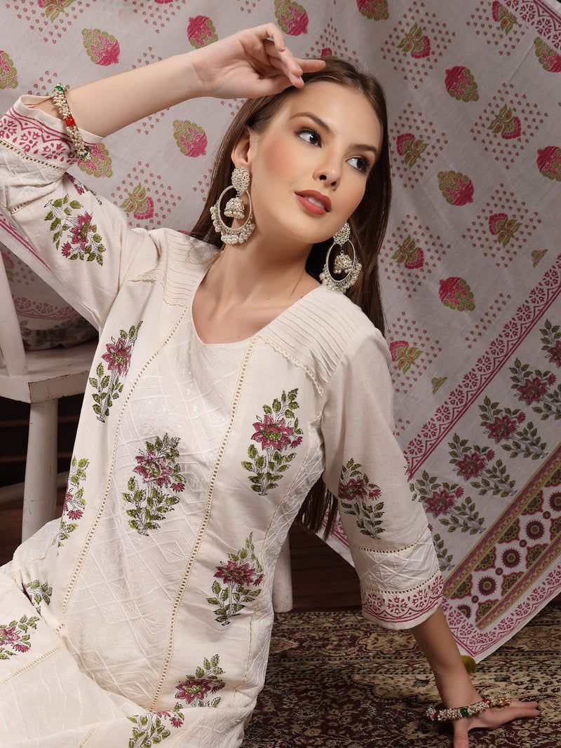 Women Floral Printed Regular Thread Work Pure Cotton Kurta with Trousers & With Dupatta