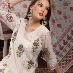 Women Floral Printed Regular Thread Work Pure Cotton Kurta with Trousers & With Dupatta