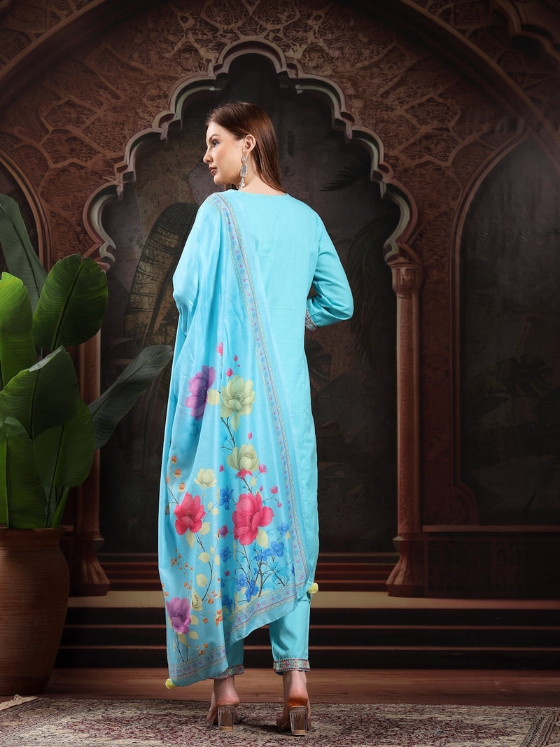 Women Turquoise Blue  Floral Embroidered Regular Thread Work Pure Cotton Kurta with Trousers & With Dupatta
