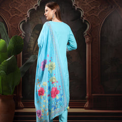 Women Turquoise Blue  Floral Embroidered Regular Thread Work Pure Cotton Kurta with Trousers & With Dupatta