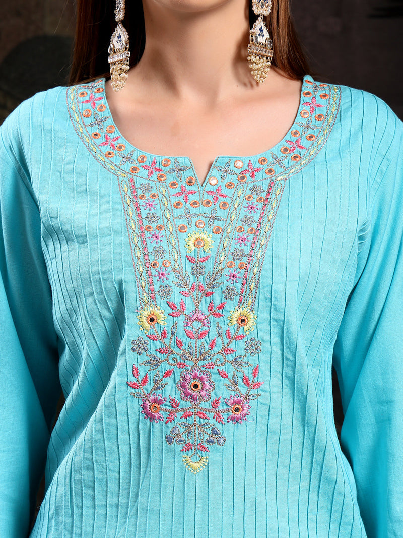 Women Turquoise Blue  Floral Embroidered Regular Thread Work Pure Cotton Kurta with Trousers & With Dupatta