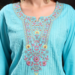 Women Turquoise Blue  Floral Embroidered Regular Thread Work Pure Cotton Kurta with Trousers & With Dupatta