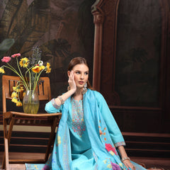 Women Turquoise Blue  Floral Embroidered Regular Thread Work Pure Cotton Kurta with Trousers & With Dupatta
