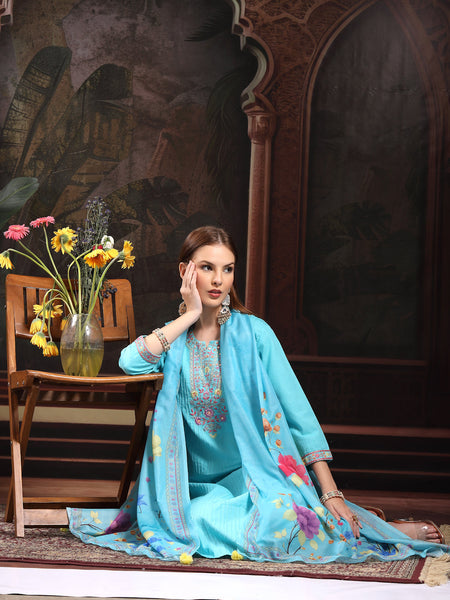 Women Turquoise Blue  Floral Embroidered Regular Thread Work Pure Cotton Kurta with Trousers & With Dupatta