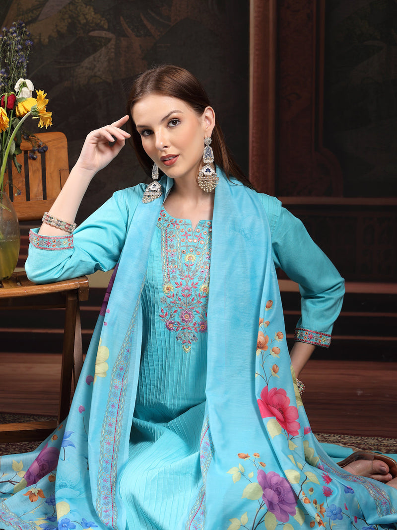 Women Turquoise Blue  Floral Embroidered Regular Thread Work Pure Cotton Kurta with Trousers & With Dupatta