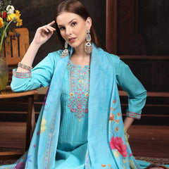 Women Turquoise Blue  Floral Embroidered Regular Thread Work Pure Cotton Kurta with Trousers & With Dupatta