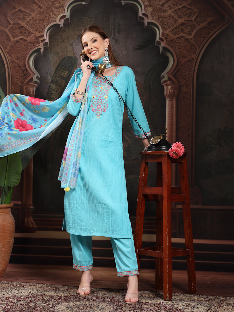 Women Turquoise Blue  Floral Embroidered Regular Thread Work Pure Cotton Kurta with Trousers & With Dupatta
